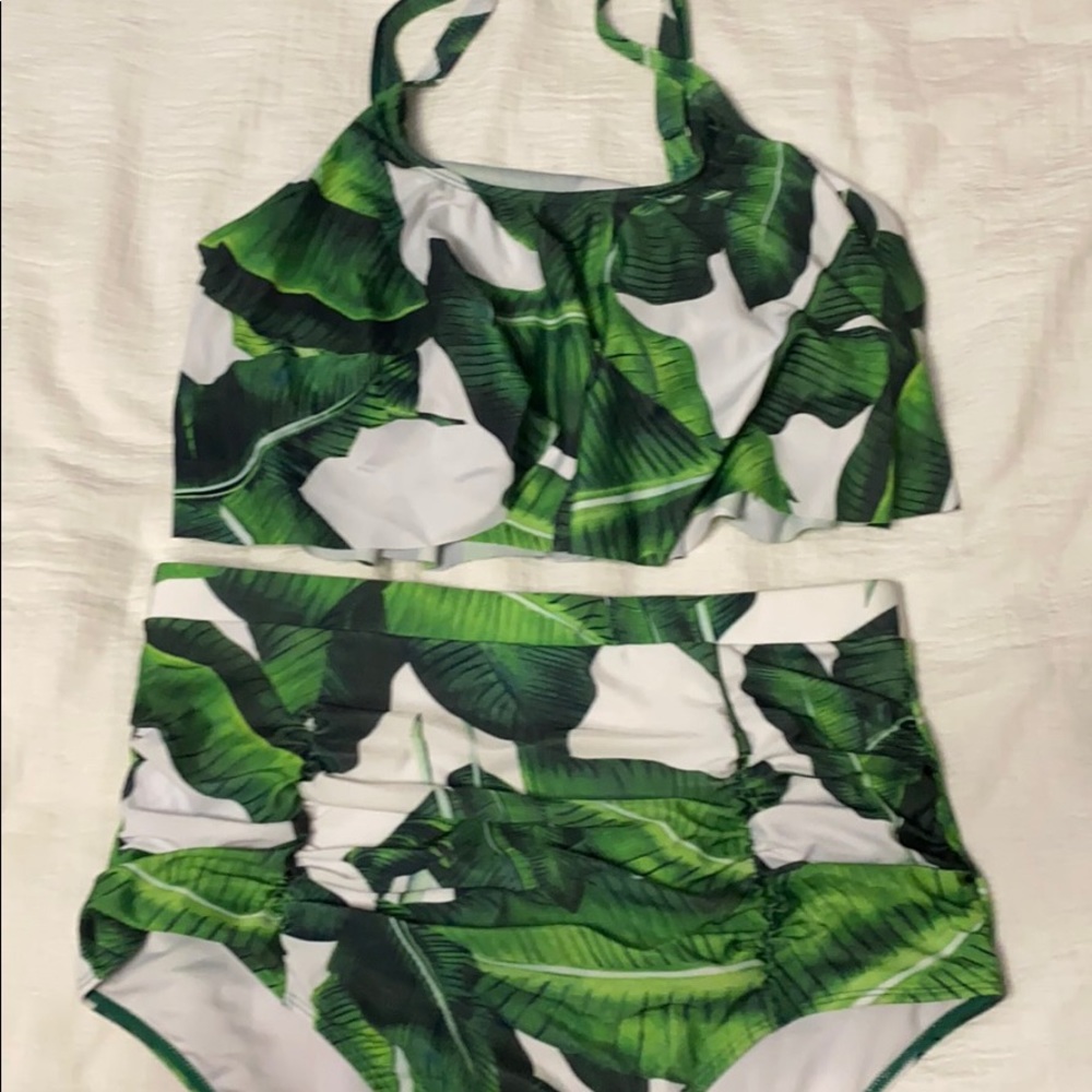Palm Print Tropical Bikini High Waist Flounce XL
